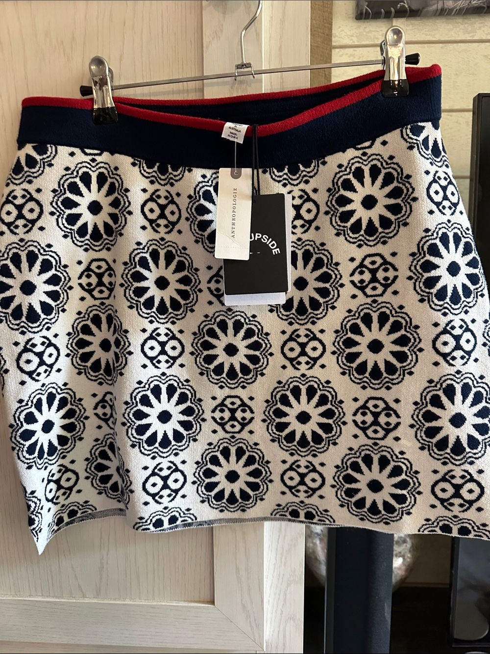 Anthropologie Navy, White & Red Floral Knit Mini Skirt